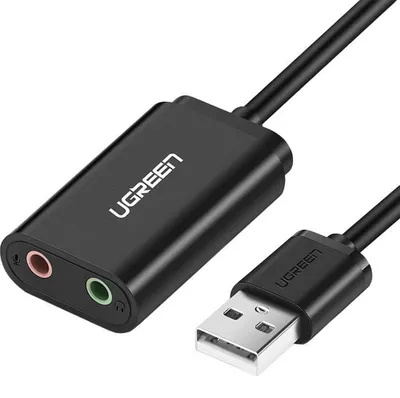 Produktbild von USB-A-Soundkarte / Audioadapter für 2x 3,5-mm-Klinkenstecker, Ugreen US205, 15 cm, Schwarz