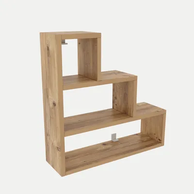 A wooden shelf unit with a stepped design.