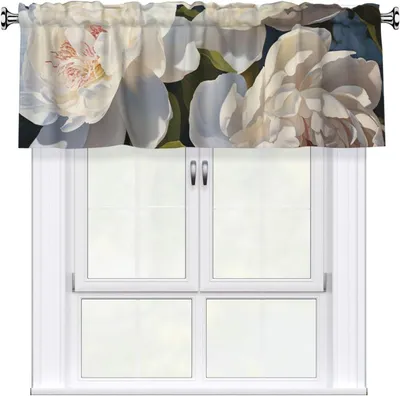 Produktbild von Fenstervolant für Küche und kleine Fenster, Verdunkelungsvorhang mit weißem Pfingstrosenmotiv, kurzer Vorhang für Wohnzimmer und Badezimmer, 137,2 x 45,7 cm, 1 Vorhang