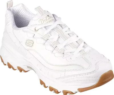 A white Skechers D'Lites sneaker with a brown sole is shown against a white background.