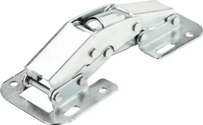 A metal hinge on a white background.