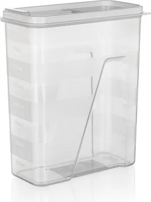 A clear, studio shot of a transparent plastic storage container with a white lid.