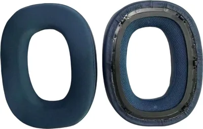 Two blue ear pads for headphones are shown against a white background. One ear pad is shown from the outside, and the other is shown from the inside, revealing the mounting mechanism.