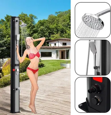 Produktbild von Solar-Dusche 60L silber mit Stange - Mit Schutzhaube, Abflussstop und Handdusch für Garten und Schwimmbad