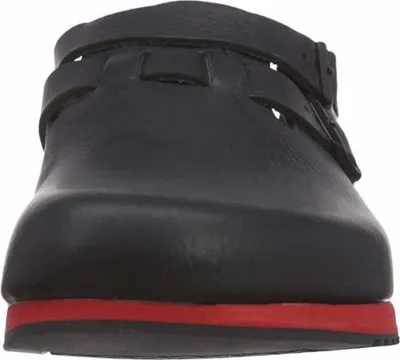 A black Birkenstock sandal with a red sole is shown from the front.