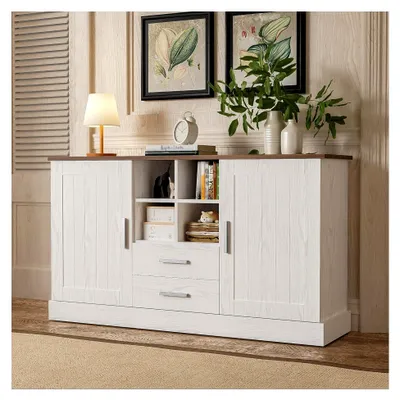 Produktbild von Sideboard 140 x 40 x 79,5 cm, Holzmaserung in Weiß und Braun - 2 Türen, 2 Schubladen