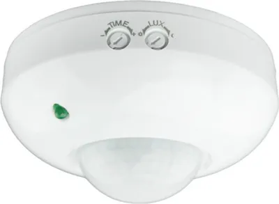 A white ceiling-mounted motion sensor with a dome-shaped PIR lens.