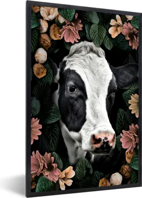 Produktbild von MuchoWow® MuchoWow® Gerahmtes Poster Kuh - Blumen - Blätter 40x60 cm - Poster mit zchwarzem Bilderrahmen - Papierdruck - Wandbilder