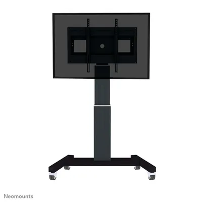 A black rolling TV stand with a screen mount.