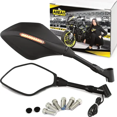 Produktbild von Area1 Motorradspiegel mit LED Blinker. Motorrad Rückspiegel Set (rechts+links) e- 2xM10 Rechts+1xLinksgewinde. Kompatibel mit Yamaha Honda