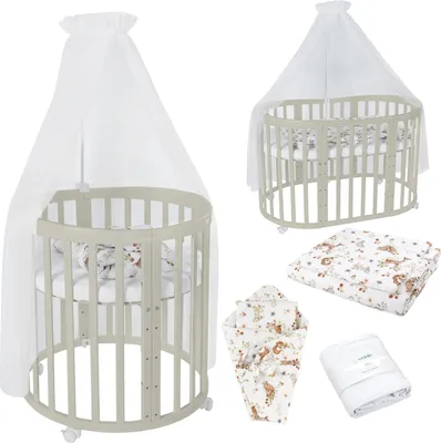 Produktbild von Waldin Babybett OWAL Kinderbett 7in1 mit Matratze, mitwachsendes Kinder-Bett,Stoffe Weiß Tiere,Holz olive