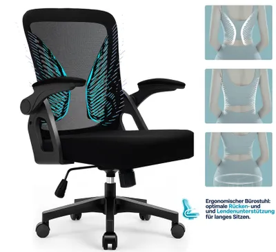 Produktbild von Bürostuhl ergonomisch mit Mesh-Rückenlehne, 90° klappbare Armlehnen, höhenverstellbar, Computerstuhl für Home Office und Büro, bis 150 kg