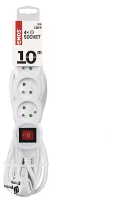Prodlužovací kabel 10 m / 4 zásuvky / s vypínačem / bílý / PVC / 1 mm2