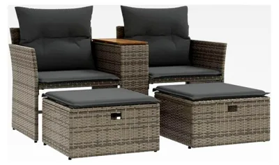 Produktbild von Gartensofa 2-Sitzer, Outdoor Sofa mit integrierter Ablage, Terrassensofa mit Hockern, Gartenmöbel Sofagarnitur, Grau Poly Rattan