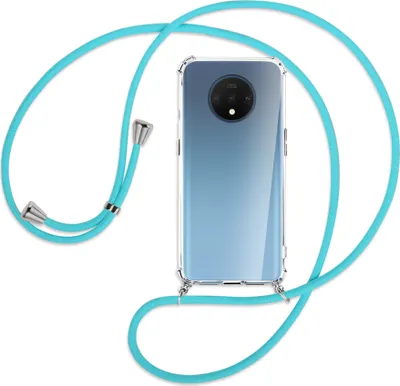 Produktbild von Handykette Backcover-Schutzhülle mit Band (Metall silberfarben) für OnePlus 7T - türkis