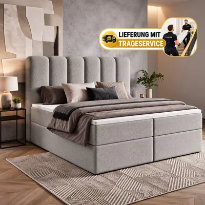 Produktbild von Boxspringbett 160x200 mit Bettkasten NOLARO, Komplett-Set mit Bonell-Matratze und Topper, Bouclé Hellgrau