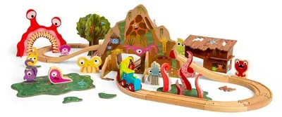 Produktbild von Bigjigs Monstereisenbahn-Set aus Holz, 50-teilig.