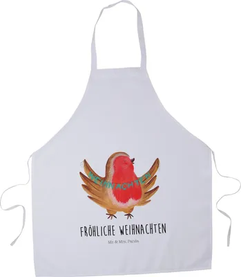 Produktbild von Mr. & Mrs. Panda Kochschürze Rotkehlchen Weihnachten - Weiß - Geschenk, Frohe, Xmas, Schürze, Weihnachtsmotiv, Weihnachtsgruß, Grillschürze, Küchenzubehör, Küchenschürze