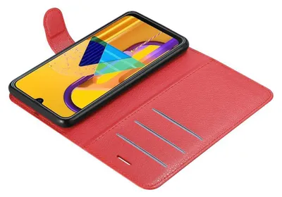 A red flip case for a smartphone is shown open, with the phone inside.
