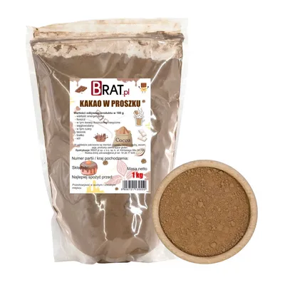 A bag of cocoa powder next to a wooden bowl filled with cocoa powder.
