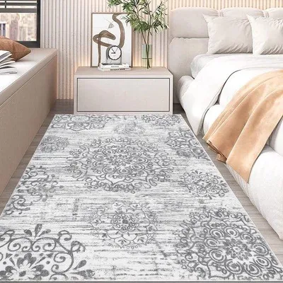 Immagine prodotto di Tappeto Unyqoos® – 90 x 150 cm, motivo boho-mandala, grigio, pelo corto 10 mm, morbido (poliestere), antiscivolo con base in TPR e cotone, lavabile