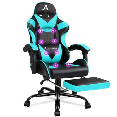 A gaming chair with a retractable footrest.