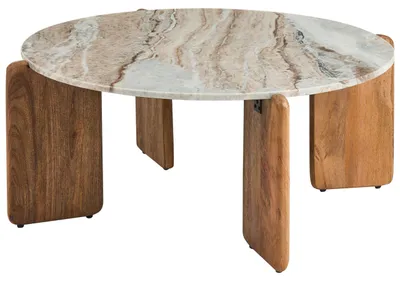 Produktbild von BELIANI Couchtisch Beige Marmor u. Mangoholz Rund ⌀ 80 cm Ausgefallenes s Modernes Design Wohnzimmertisch Sofatisch Kaffeetisch