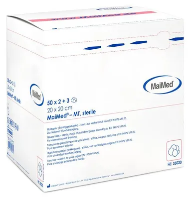 Produktbild von MaiMed-MT-steril 20x20cm Mulltupfer zu 50 Pack.(2+3)/Pack.(pflaumengroß)  | Box (250 Stück)