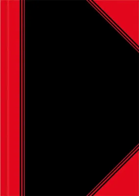 A close-up view of a black notebook with red decorative borders.