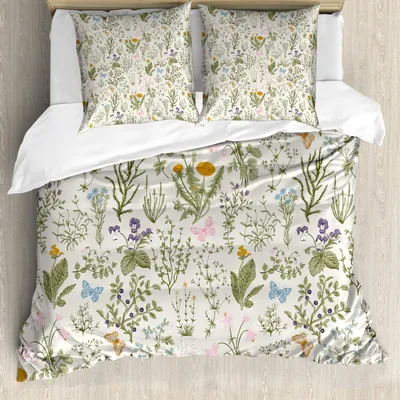 Immagine prodotto di Set copripiumino ABAKUHAUS, piante da giardino vintage con fiori aromatici, design botanico classico, 200 x 200 cm + 80 x 80 cm, verde reseda beige