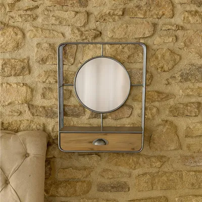 Produktbild von Wandspiegel mit Schublade Industrial Design aus Metall und Holz HTI-Line