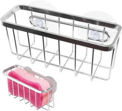 Zdjęcie produktu dla Uchwyt na gąbkę do mycia - Uchwyt na ściereczkę do naczyń - Organizer do kuchni - Samodrena stal nierdzewna - 11 x 7 x 6 cm - Srebrny