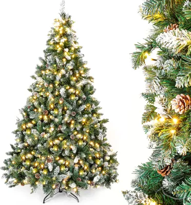 A decorated artificial Christmas tree with lights and pinecones.
