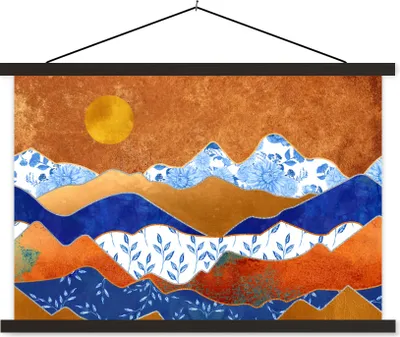 Produktbild von MuchoWow® Textilposter Delfter Blau - Gold - Muster 90x60 cm mit schwarzem Rahmen - Aufhängungssatz