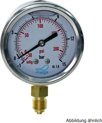Produktbild von Profec Manometer -1 bis 15 bar, Glyzeringefüllt, Ø 63 mm, 1/4 Zoll Anschluss nach unten Radial, Unterdruck-Manometer