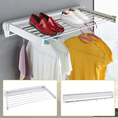 A collage showing a wall-mounted drying rack with shoes and clothes, and two smaller images of the drying rack itself.