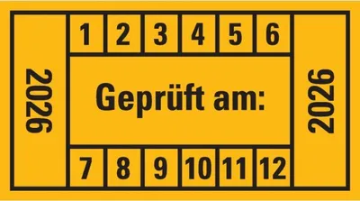 Produktbild von Dreifke® Prüfplakette  am: 2026, gelb, Dokumentenfolie, 45x25mm, 12 Stück