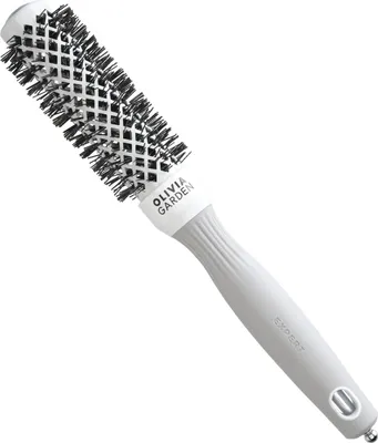 A round hairbrush with a white barrel and grey handle, set against a white background.