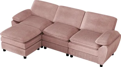 Immagine prodotto di AIORBER Divano moderno modulare a L con pouf, in velluto a coste, divano combinato a 3 posti, pouf estraibile, comodo, flessibile per il soggiorno, rosa