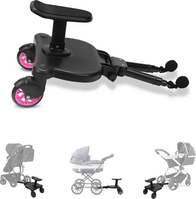 Produktbild von Fiqops Buggy Board se sedadlem Kiddyboard Pushchair Board Footboard Universal Auxiliary Pedal 360°Two-Wheel Design Pink
