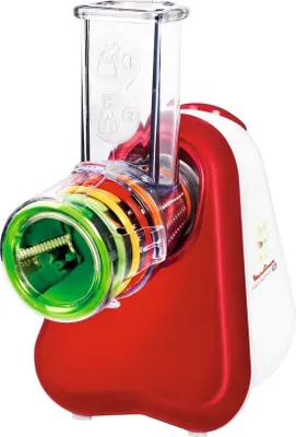 A close-up studio shot of a red and white electric grater and spiralizer.