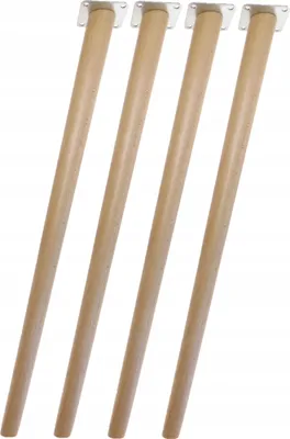 Four wooden table legs with metal mounting plates, arranged diagonally against a white background.