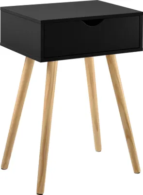 A black bedside table with wooden legs against a white background.