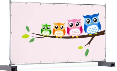 Produktbild von Wallario XXL Outdoor-Poster für Garten oder Balkon, Motiv Eulenfamilie auf einem Ast  Comic Stil, in ca. 340 x 173 cm