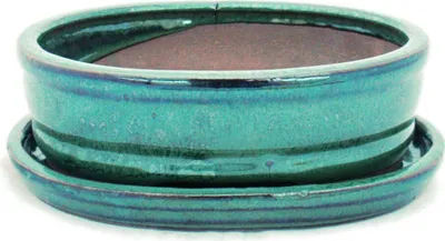 Produktbild von Bonsai-Schale mit Unterteller Gr. 2 - Grün - oval - Modell O7 - L 15,5cm - B 12cm - H 4,5cm