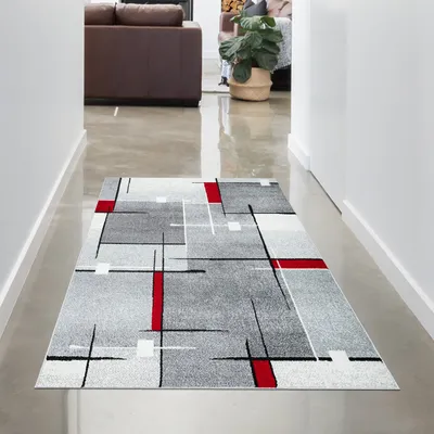 Produktbild von Designerteppich mit grafischem Muster – Grau, Rot & Weiß Größe - 80x140 cm