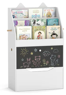 Produktbild von COSTWAY Bücherregal Kinder, Kinderregal mit 2 Haken, 3 Regalen, Schrank, Schublade, Tafel & Katzenohren,Spielzeugregal Kinderbücherregal für Kinder 3+
