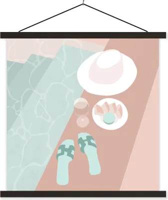 Produktbild von MuchoWow® Textilposter Hausschuhe - Wein - Schwimmbad - Sommer 40x40 cm mit schwarzem Rahmen - Fotos