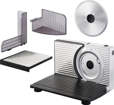 A collection of parts for a food slicer, including the main unit, blade, and accessories, arranged on a white background.