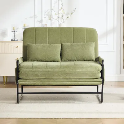 Obrázok produktu pre MODFU Rozkladacia sedačka pre 2 osoby, s kovovou konštrukciou, čalúnená materiálom chenille, s bočnými vreckami, relaxačná sedačka do obývačky, zelená